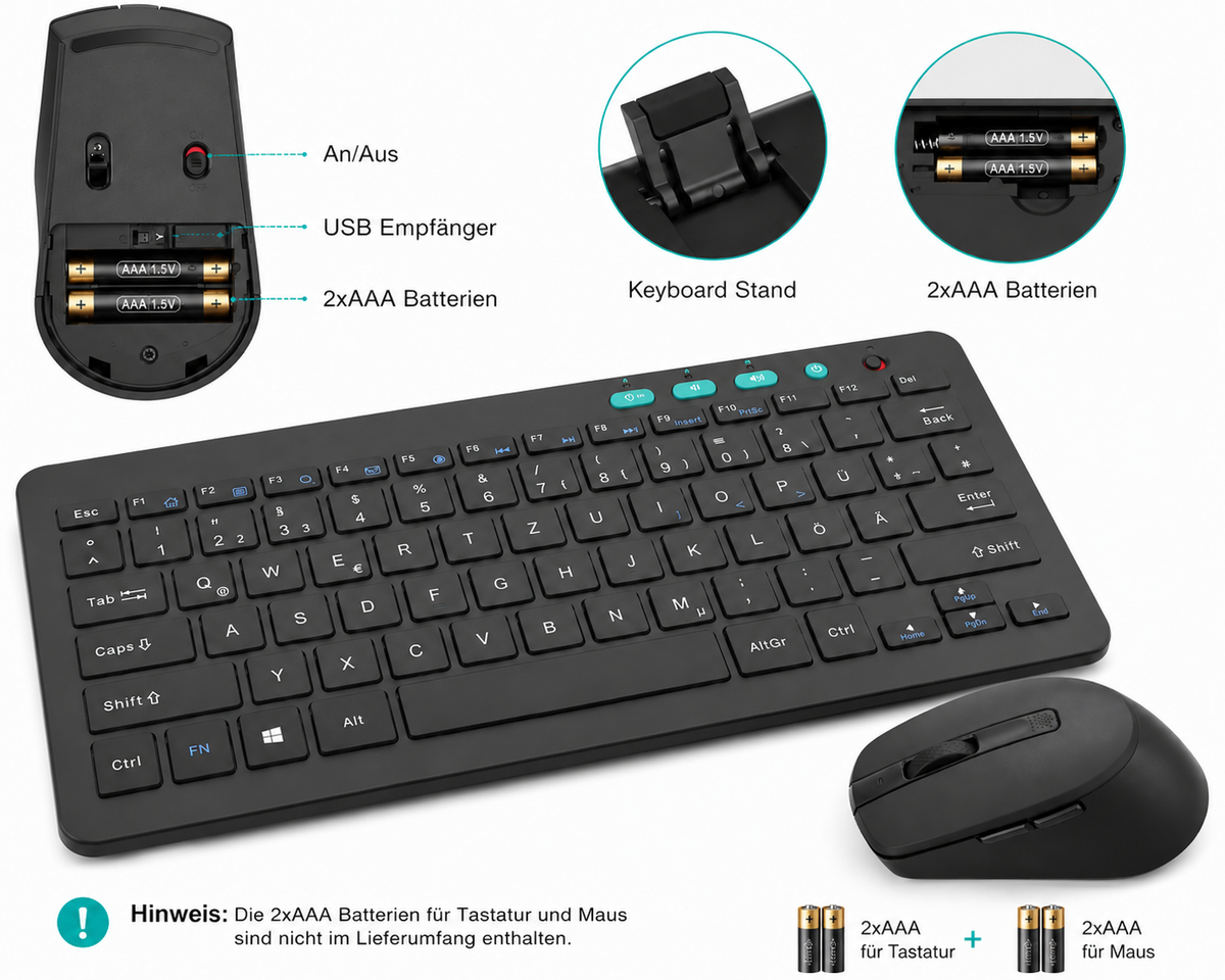 Tastatur Maus Set Kabellos, 2.4G Kabellose Kompakte Tastatur mit Funkmaus